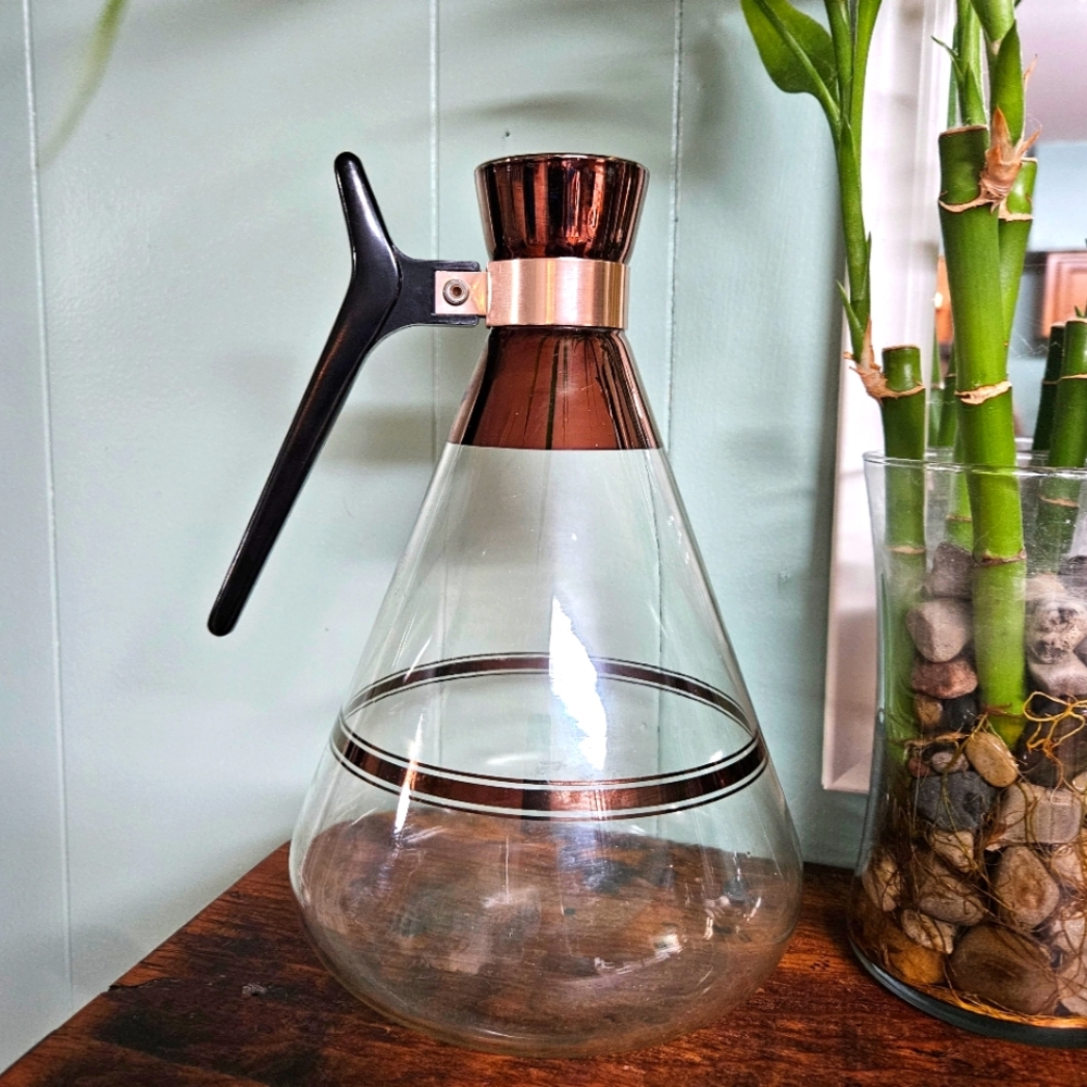 Pyrex Glass Carafe with Black Handle and Brown Accents